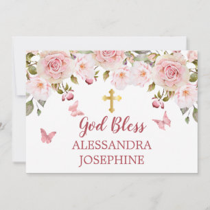 Invitation Aquarelle de rose florale papillons et croix nom