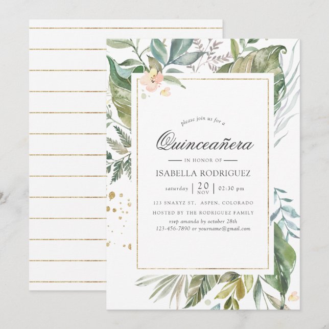 Invitation Aquarelle de Serenity Verdure géométrique Quinceañ (Devant / Derrière)