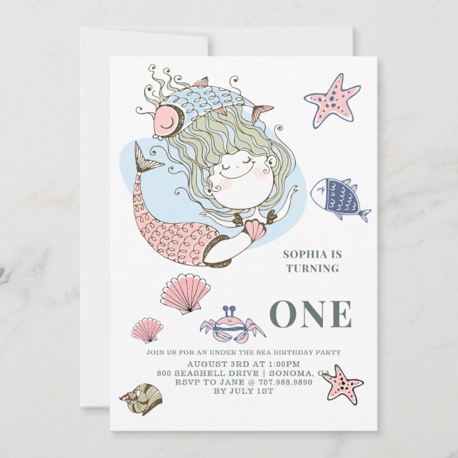 Invitation Aquarelle de sirène 1er anniversaire Fête Invitati (Devant)