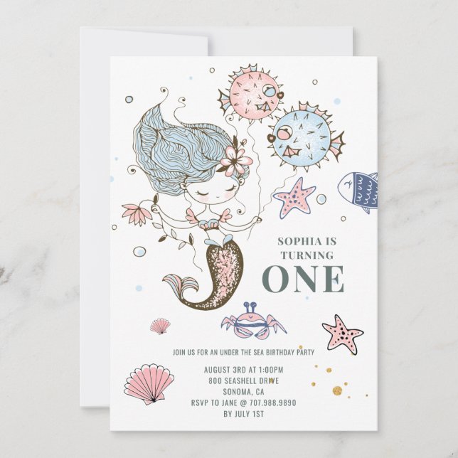 Invitation Aquarelle de sirène 1er anniversaire Fête Invitati (Devant)