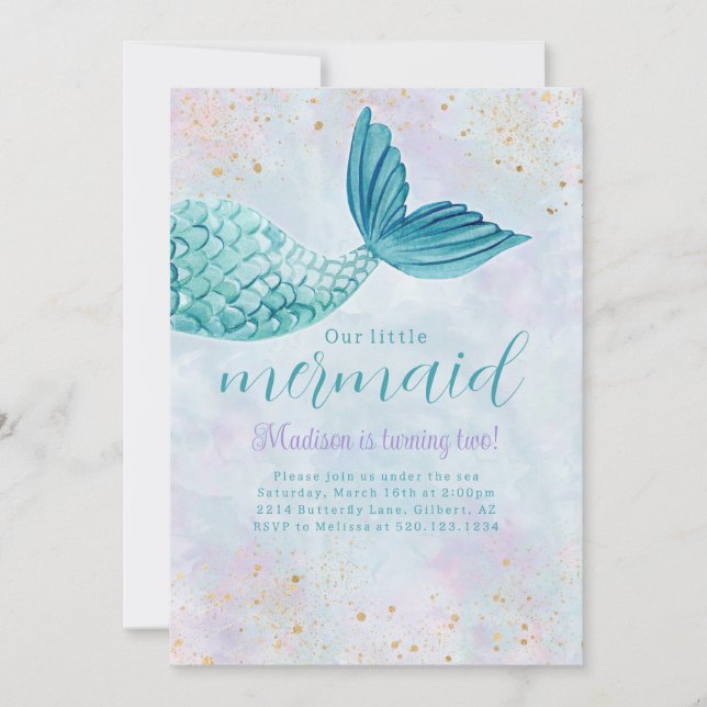Invitation Aquarelle de sirène Anniversaire N'importe quel In (Devant)