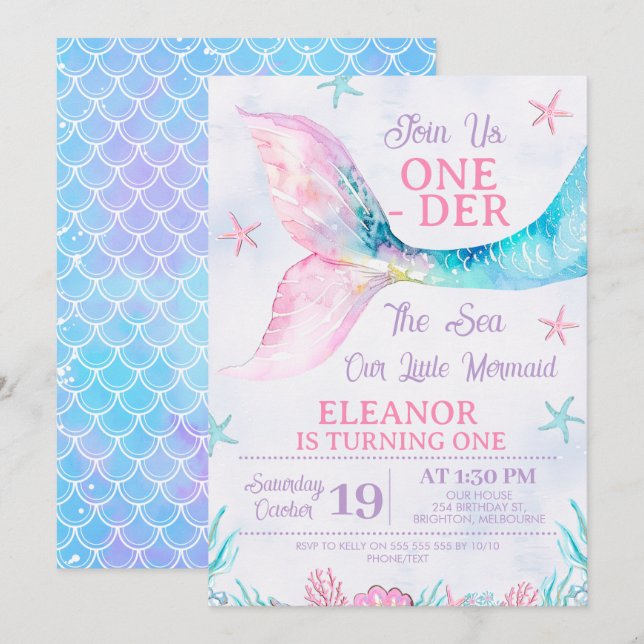 Invitation Aquarelle de sirène rose à l'aube de la mer Annive (Devant / Derrière)