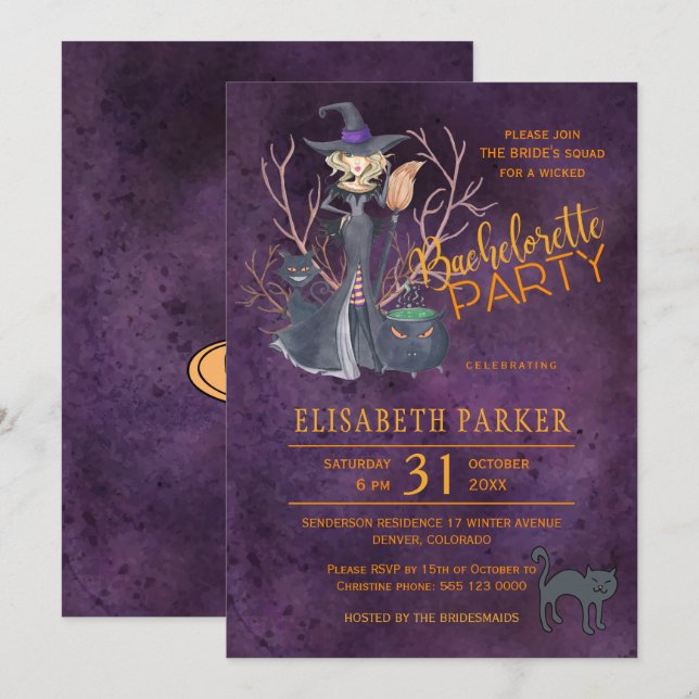 Invitation Aquarelle de sorcière fête de la bachelorette Hall (Devant / Derrière)