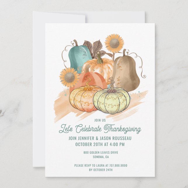 Invitation Aquarelle de Thanksgiving Citrouilles (Devant)