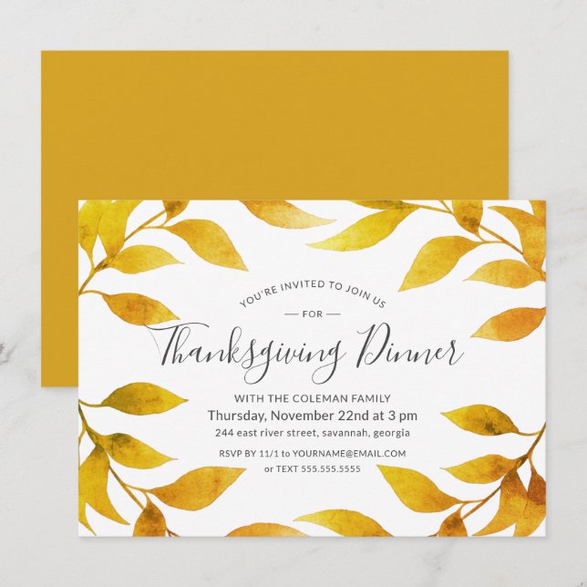 Invitation Aquarelle de Thanksgiving Vent d'or de l'automne (Devant / Derrière)