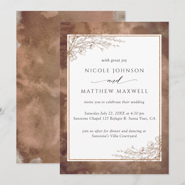 Invitation Aquarelle de tons de terre, Flore tirée à la main, (Devant / Derrière)