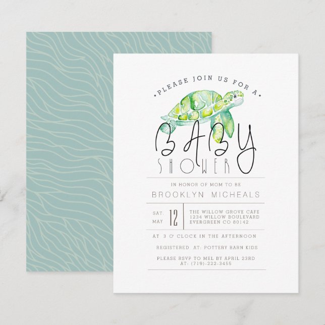 Invitation Aquarelle de tortue | Baby shower aquatique (Devant / Derrière)