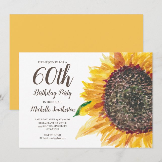 Invitation Aquarelle de tournesol Blanc floral 60e anniversai (Devant / Derrière)