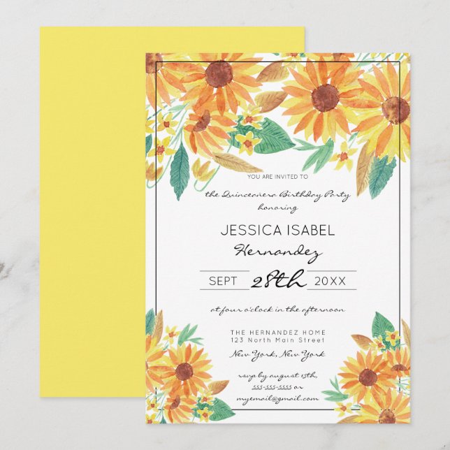 Invitation Aquarelle de tournesol d'été jaune Quinceañera (Devant / Derrière)