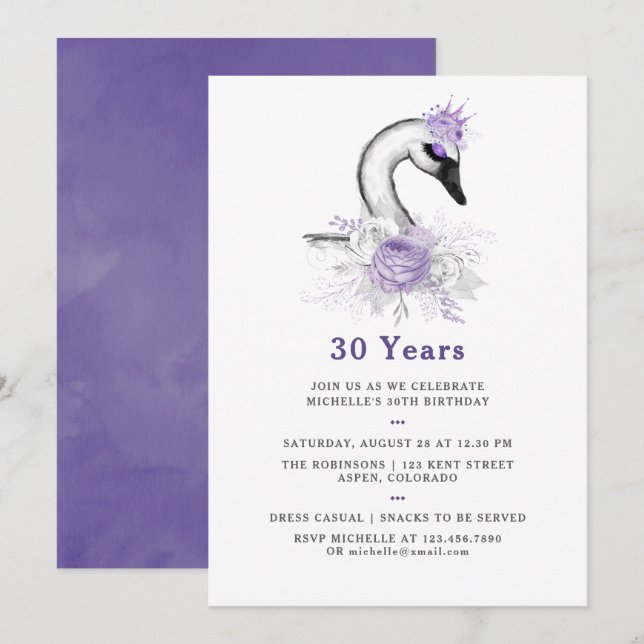 Invitation Aquarelle de tout âge Swan Floral fête d'anniversa (Devant / Derrière)