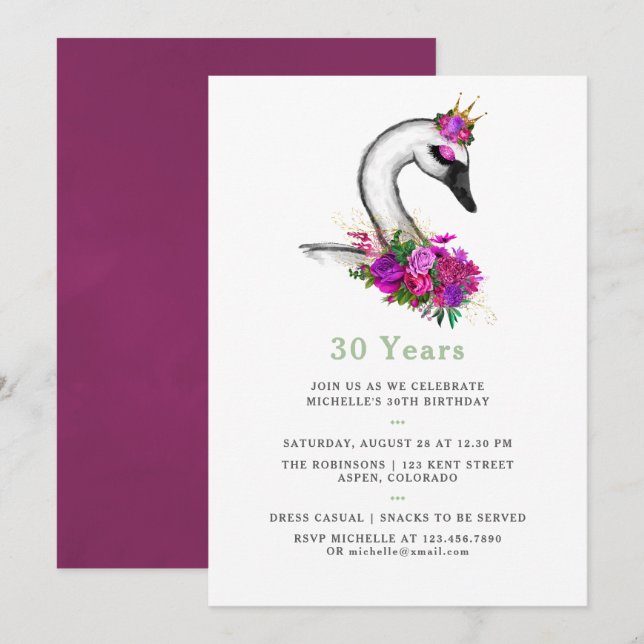 Invitation Aquarelle de tout âge Swan Floral fête d'anniversa (Devant / Derrière)