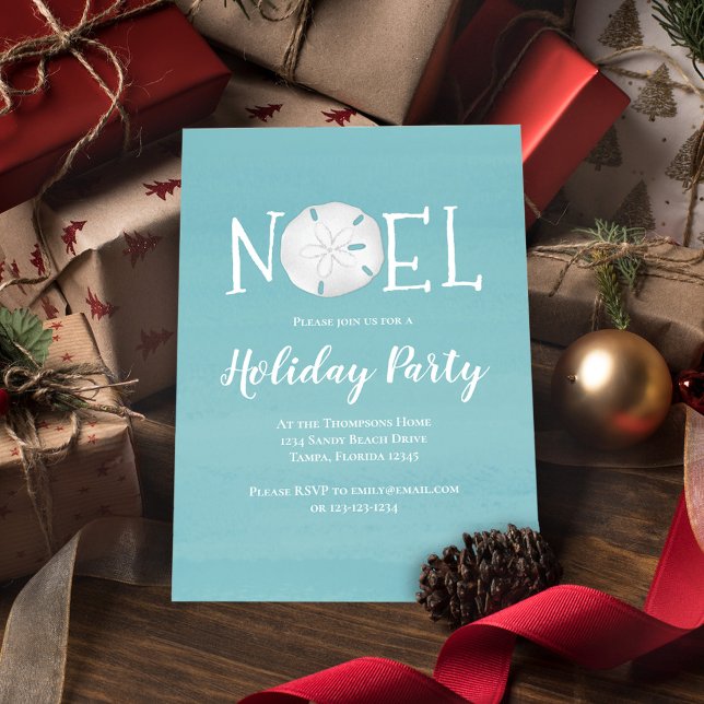 Invitation Aquarelle de vacances Sable Turquoise Dollar QR Co (Holiday party invitation with a beach turquoise blue Noel design.)