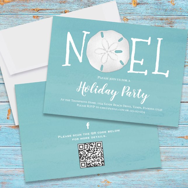 Invitation Aquarelle de vacances Sable Turquoise Dollar QR Co (Holiday Noel beach sand dollar theme party invitation with turquoise blue water.)
