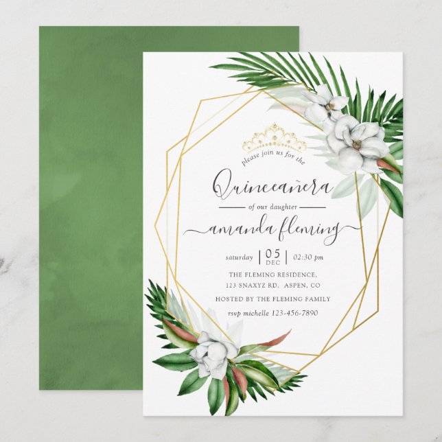 Invitation Aquarelle de verdure tropicale Quinceañera géométr (Devant / Derrière)
