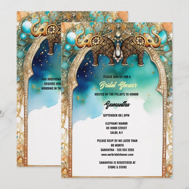 Invitation Aquarelle d'éléphants indiens bleu pierres traditi (Devant / Derrière)