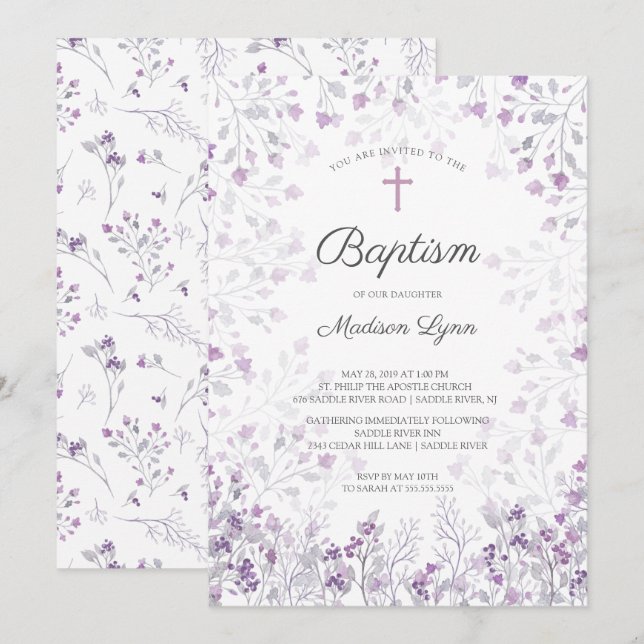 Invitation Aquarelle Delicate Fleurs violettes Baptême (Devant / Derrière)