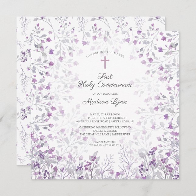Invitation Aquarelle Delicate Fleurs violettes Première commu (Devant / Derrière)