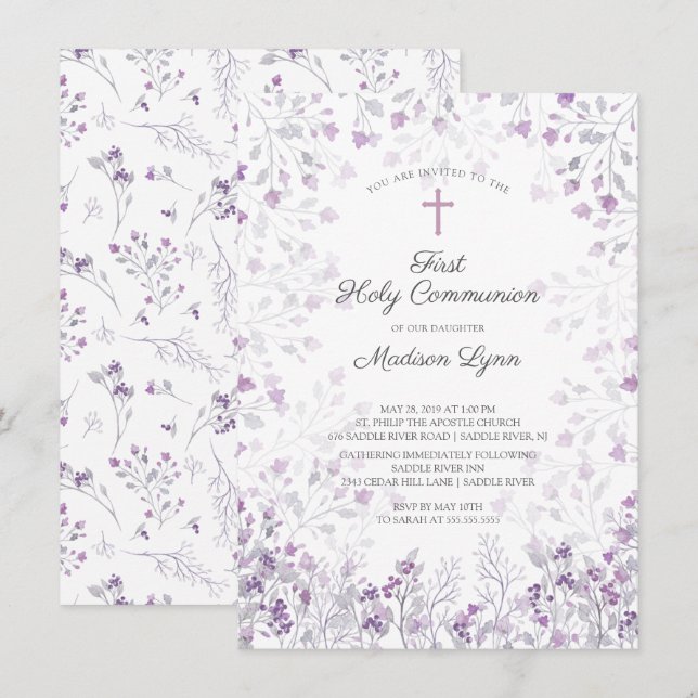 Invitation Aquarelle Delicate Fleurs violettes Première commu (Devant / Derrière)