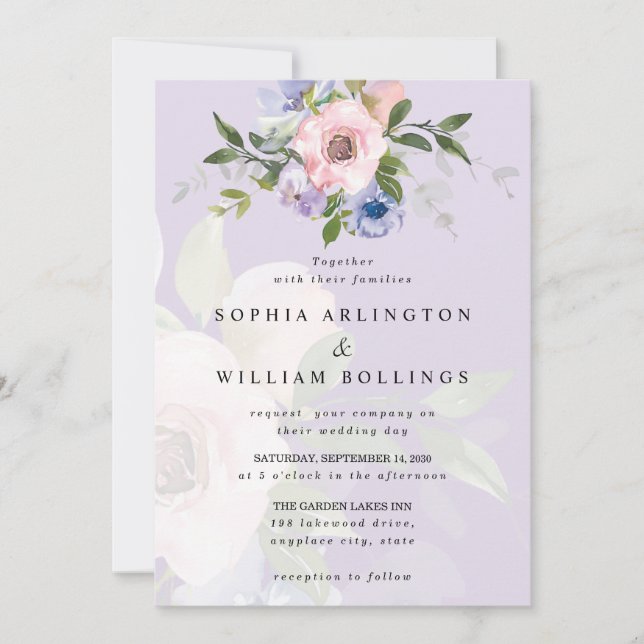 Invitation Aquarelle délicate rose rose violet Mariage (Devant)