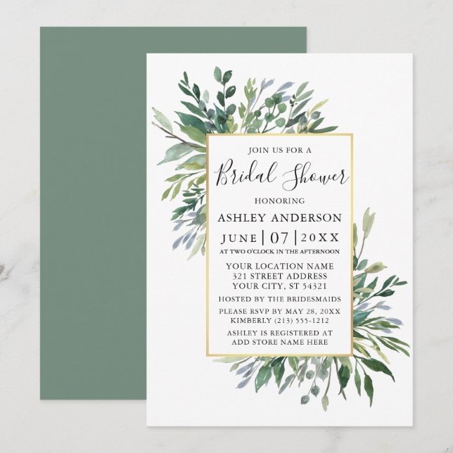 Invitation Aquarelle délicate Verdure Sage Douche verte (Devant / Derrière)