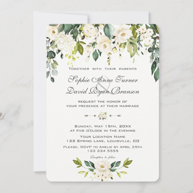 Invitation Aquarelle Delicé Blanc Floral Mariage (Devant)
