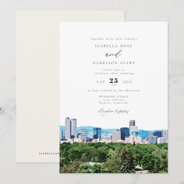 Invitation Aquarelle Denver Colorado Skyline Mariage (Devant / Derrière)