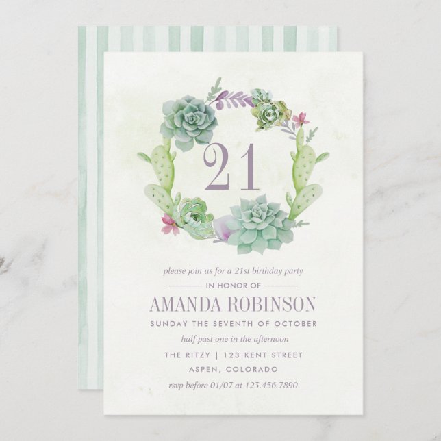 Invitation Aquarelle Désert Cactus Succulents 21e anniversair (Devant / Derrière)