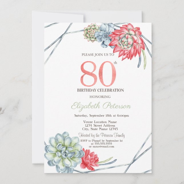Invitation Aquarelle Desert Rouge Succulents 80e anniversaire (Devant)