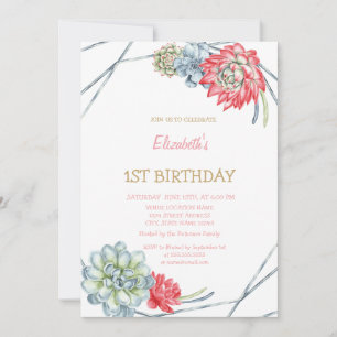 Invitation Aquarelle Desert Rouge Succulents rayés Anniversai