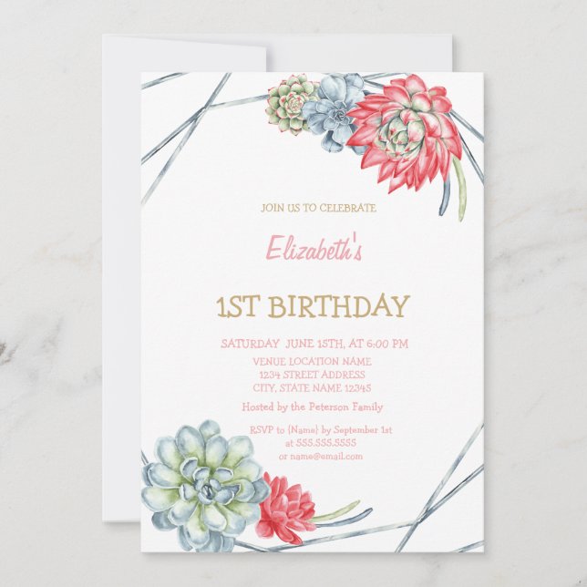 Invitation Aquarelle Desert Rouge Succulents rayés Anniversai (Devant)