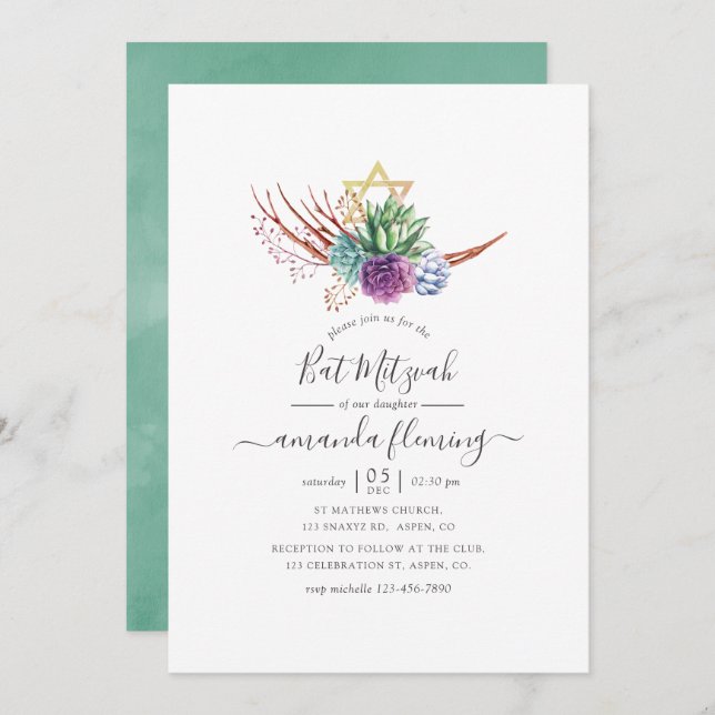 Invitation Aquarelle Desert Succulents Bat mitzvah (Devant / Derrière)