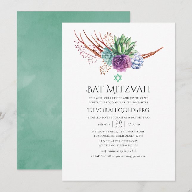 Invitation Aquarelle Desert Succulents Bat mitzvah (Devant / Derrière)