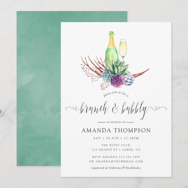 Invitation Aquarelle Desert Succulents Brunch et Bubbly (Devant / Derrière)