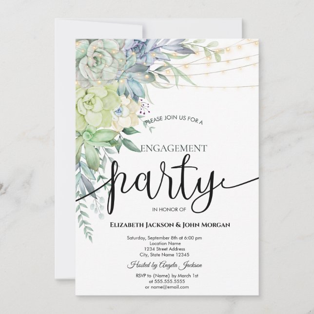 Invitation Aquarelle Desert Succulents Points Fiançailles (Devant)