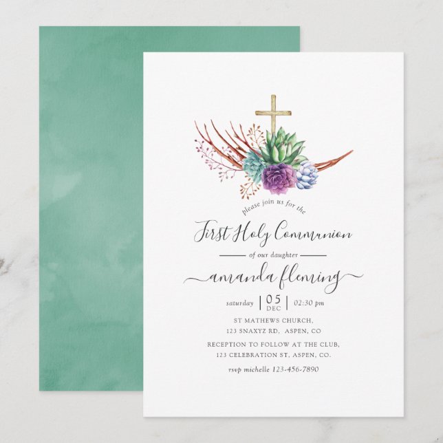Invitation Aquarelle Désert Succulents Première Communion Sai (Devant / Derrière)