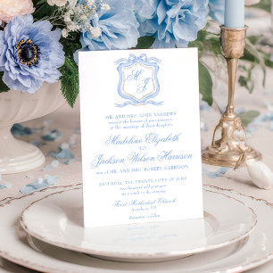 Invitation Aquarelle Designer Blue Monogram Crest Mariage