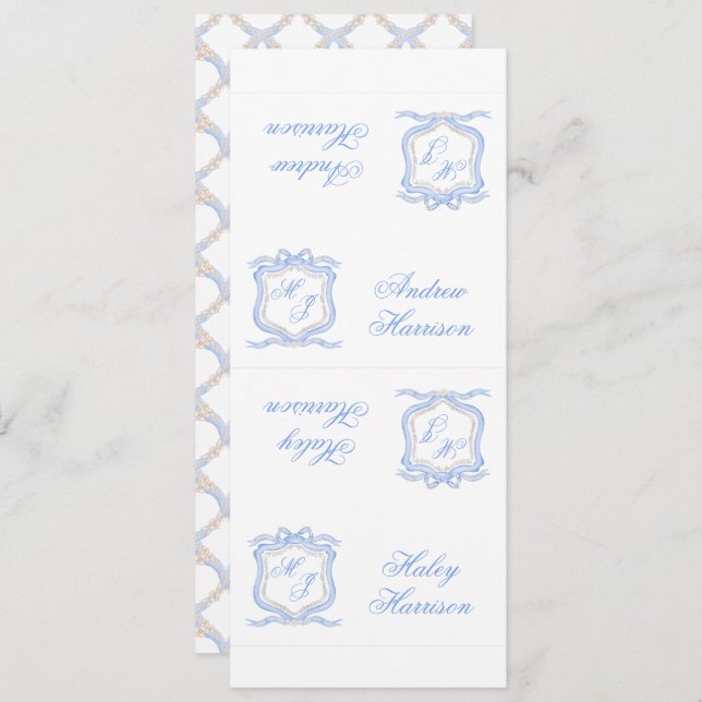 Invitation Aquarelle Designer Blue Monogramme Crest do-it-you (Devant / Derrière)