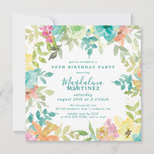 Invitation Aquarelle d'été Floral Carré 90e anniversaire