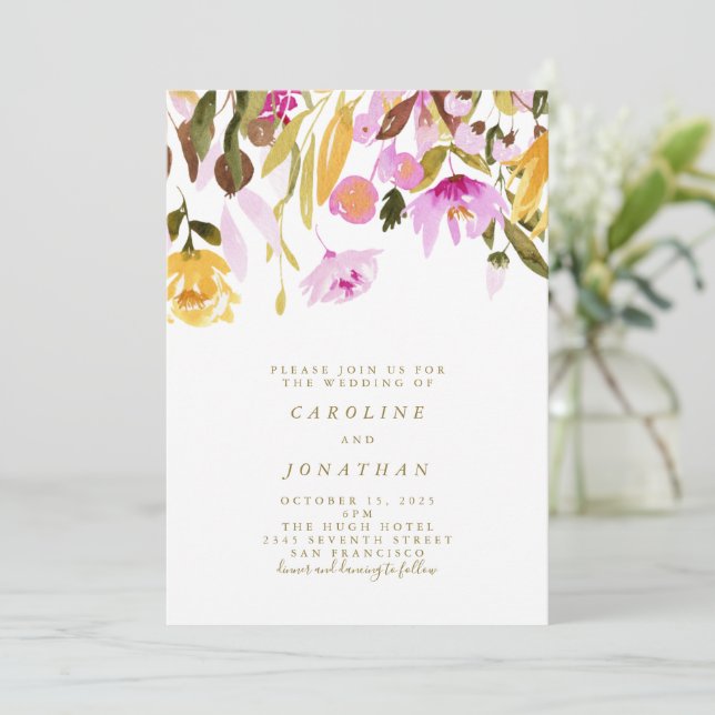 Invitation Aquarelle d'été rose et jaune (Debout devant)