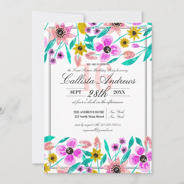 Invitation Aquarelle d'été rose jaune floral doux 16 (Devant)