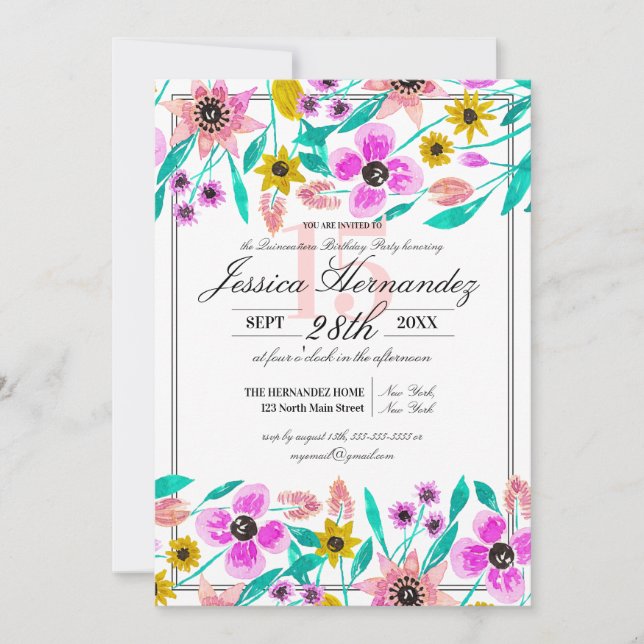 Invitation Aquarelle d'été rose jaune Floral Quinceañera (Devant)