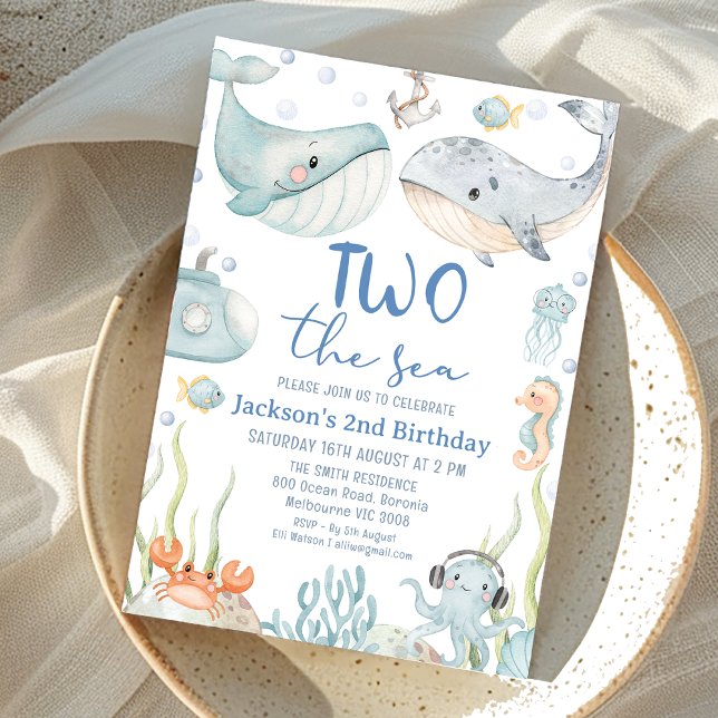 Invitation Aquarelle Deux Baleines Deux La Mer 2e Anniversair (Two the Sea 2nd Birthday Invitation, Under the Sea Second Birthday Invite, Sea Creatures Ocean Whale)