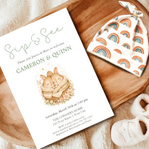 Invitation Aquarelle Deux Lapins Printemps Jumeaux Sip and Se