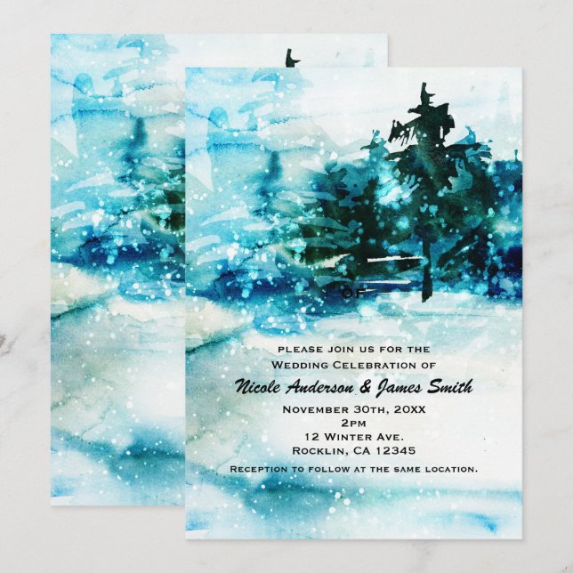 Invitation Aquarelle d'hiver Snowy Forest Pine Trees Mariage (Devant / Derrière)
