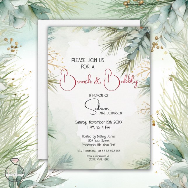 Invitation Aquarelle d'hiver Verdure Brunch et Bubbly (Créateur téléchargé)