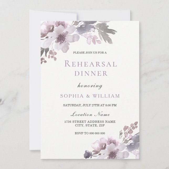 Invitation Aquarelle d'hiver violette Dîner de répétition flo (Devant)