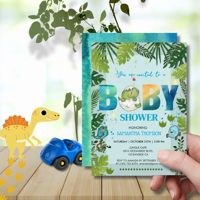 Invitation Aquarelle Dino & Baby shower Feuille Tropical (Watercolor Dino & Tropical Leaves Baby Shower Invitation)