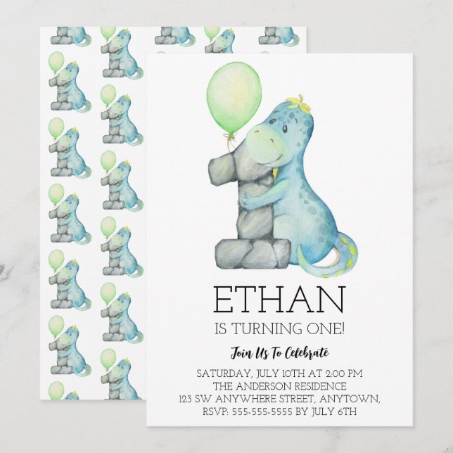 Invitation Aquarelle Dinosaur 1er Anniversaire Fête Invitatio (Devant / Derrière)