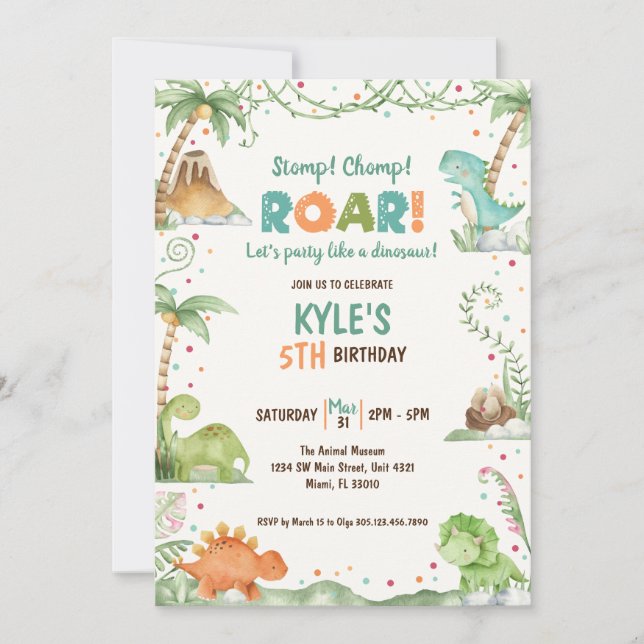 Invitation Aquarelle Dinosaur Anniversaire (Devant)
