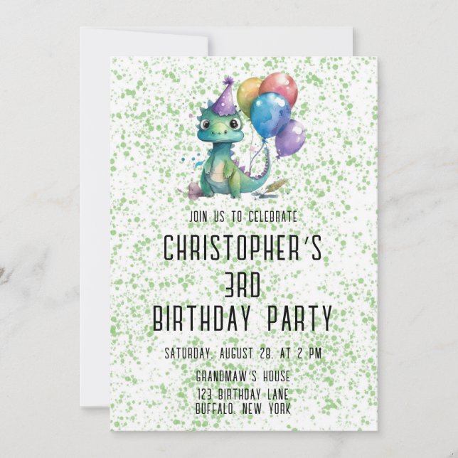 Invitation Aquarelle Dinosaur Ballons Garçon fête d'anniversa (Devant)